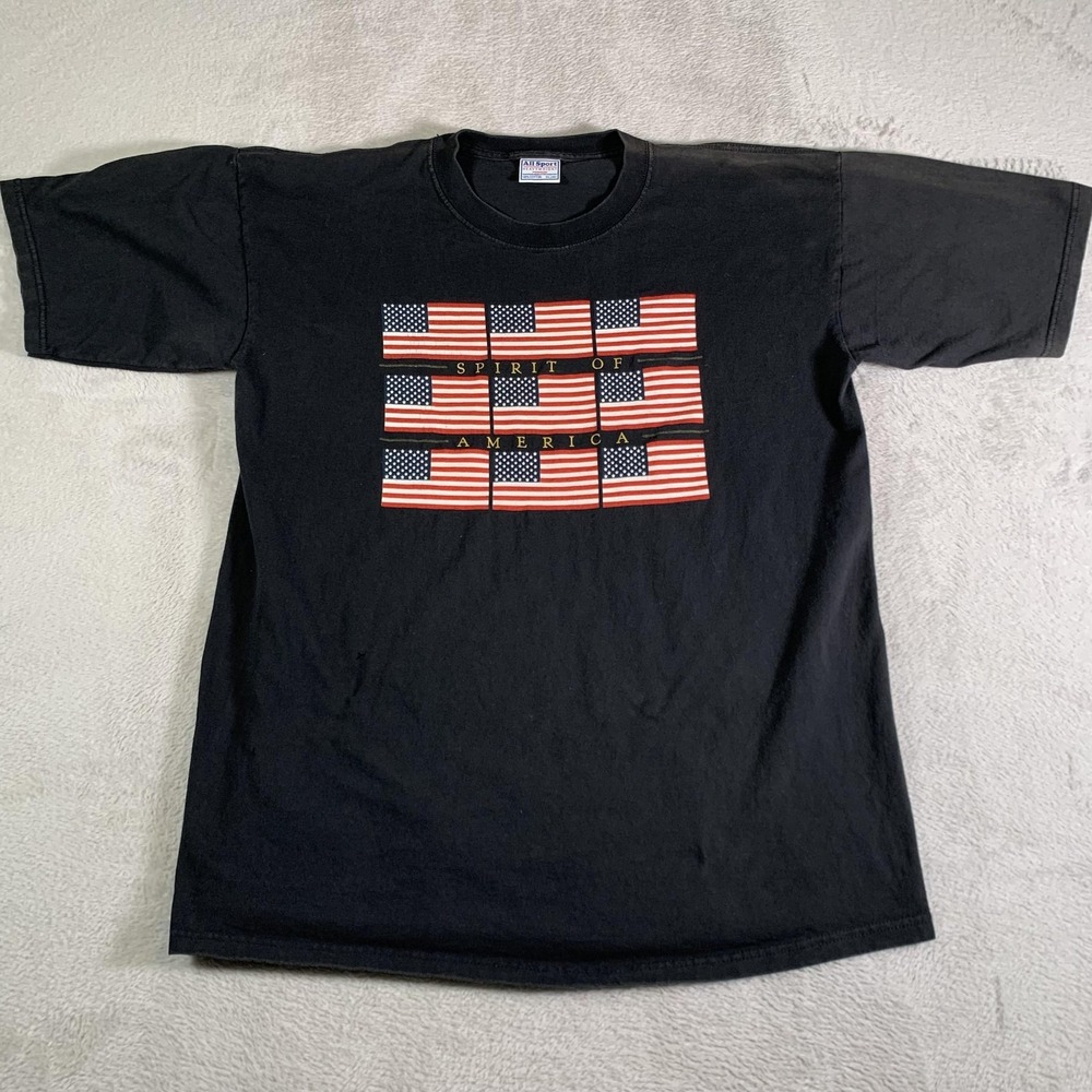 Vintage AllSport‎ Shirt Mens XL Black Spirit Of America Flag Graphic USA 90s